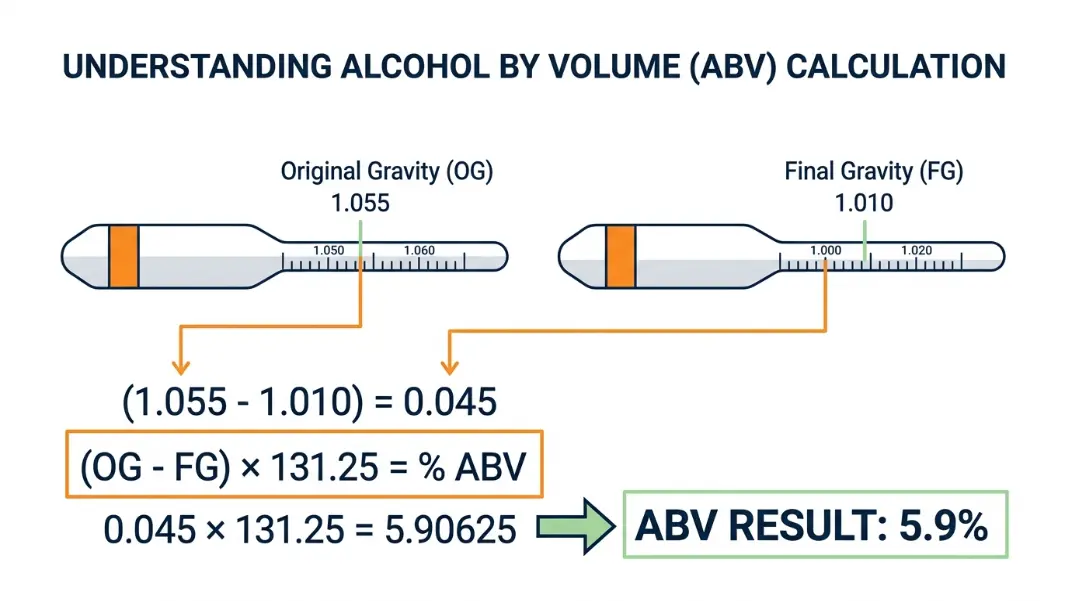 ABV formula diagram showing OG and FG on hydrometer scale with result calculation