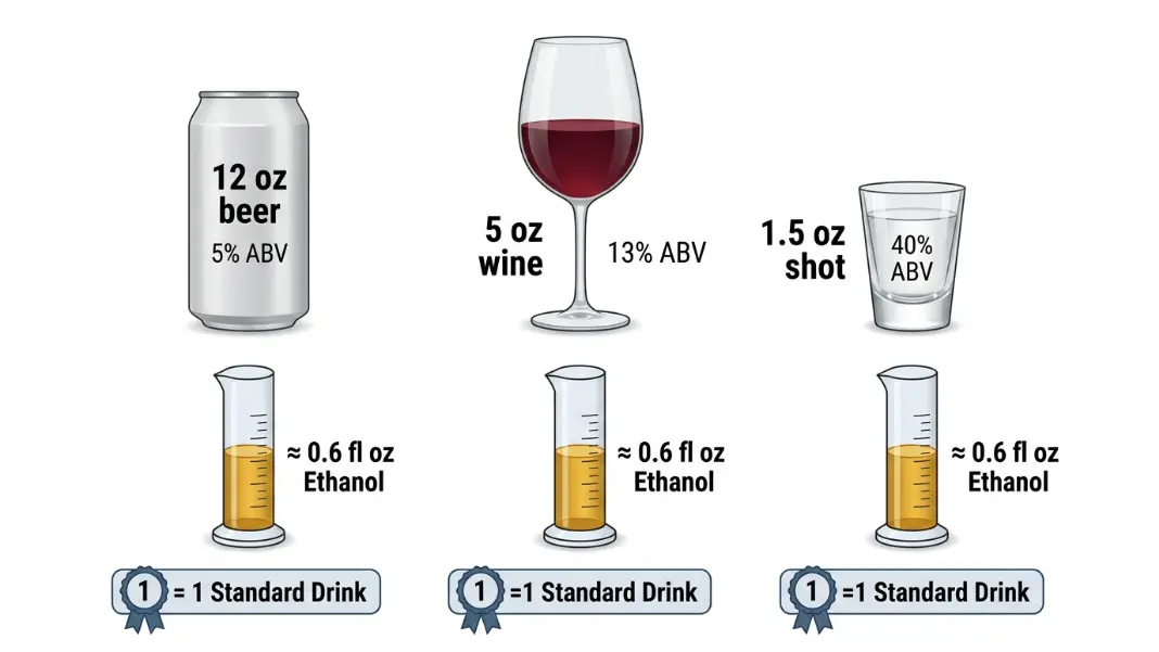 Diagram showing three drinks side by side, a 12 oz beer can at 5 percent ABV, a 5 oz wine glass at 13 percent ABV, and a 1.5 oz shot glass at 40 percent ABV, each with ethanol volume labeled at 0.6 oz and a one standard drink badge beneath