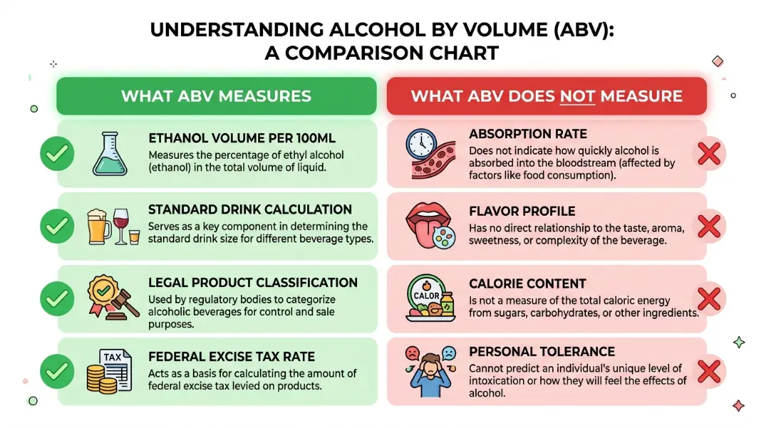 Two-column comparison chart showing what ABV measures on the left including ethanol volume and legal classification versus what ABV does not measure on the right including absorption rate, flavor profile, and calorie content