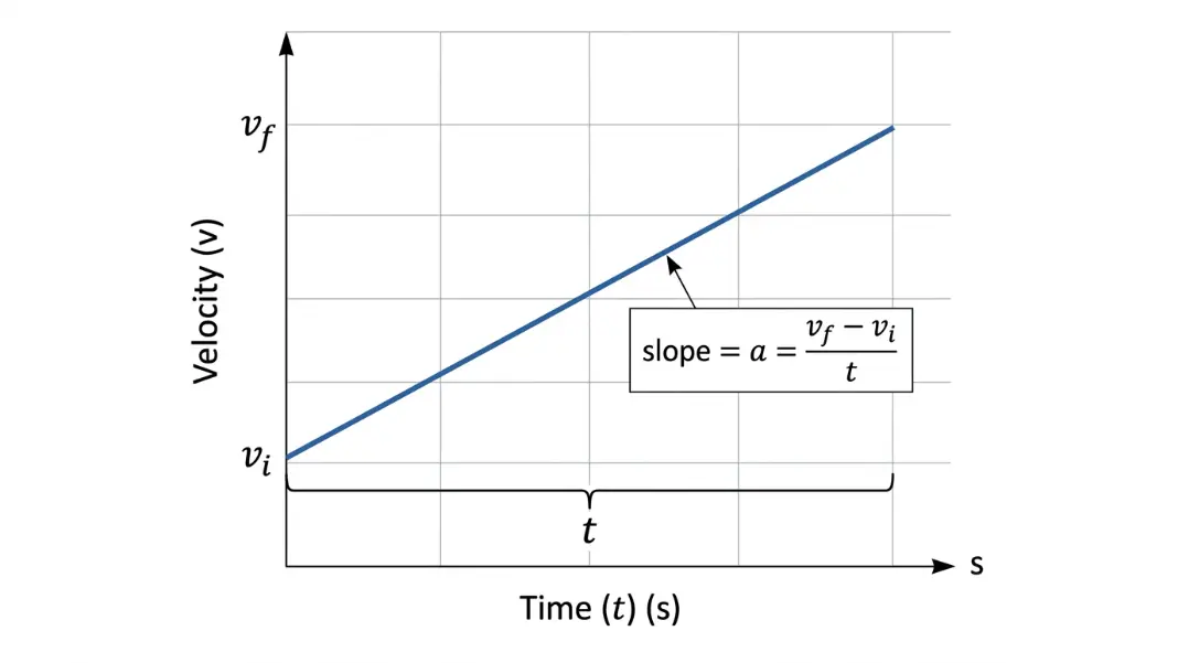 Velocity-time graph showing acceleration as the slope: rise from vi to vf over time interval t