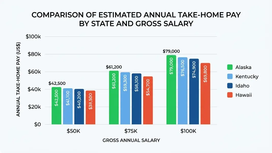 Take-home pay comparison chart for Alaska, Hawaii, Idaho, and Kentucky showing annual net pay at $50K, $75K, and $100K gross salaries