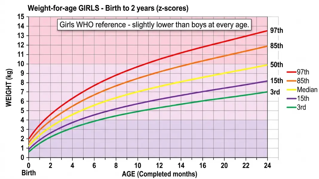 WHO weight-for-age reference chart for girls from birth to 24 months showing five percentile curves from P10 to P90 with lower values than the boys reference at every age