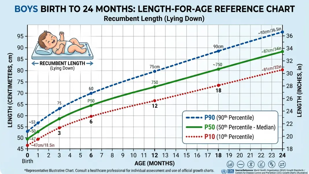 WHO length-for-age percentile chart for boys from birth to 24 months showing P10 P50 and P90 reference curves in centimeters measured as recumbent length