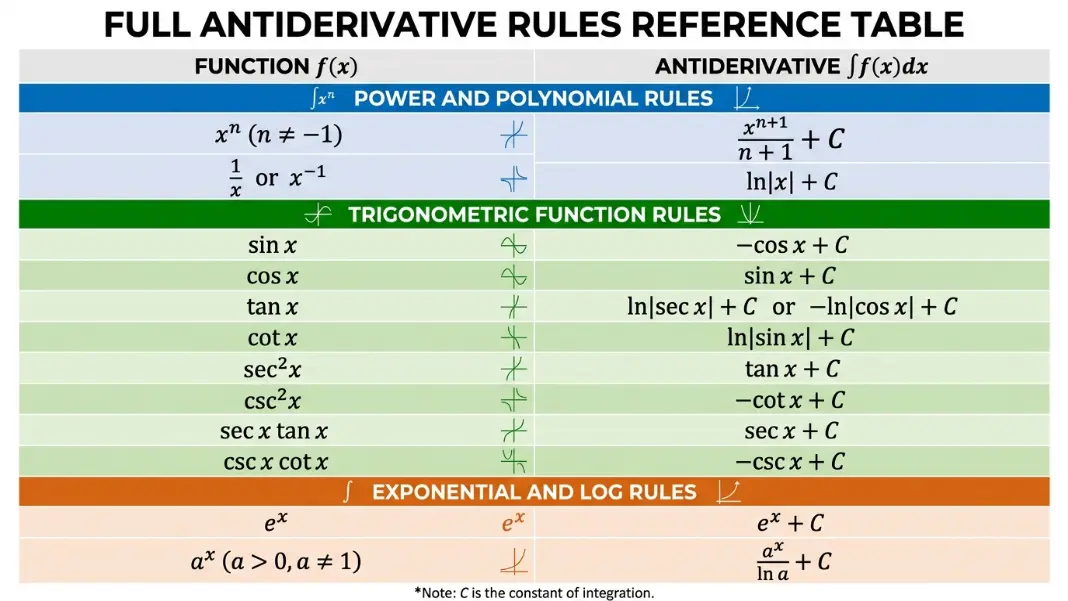 Complete antiderivative rules table covering trig, power, exponential and log functions