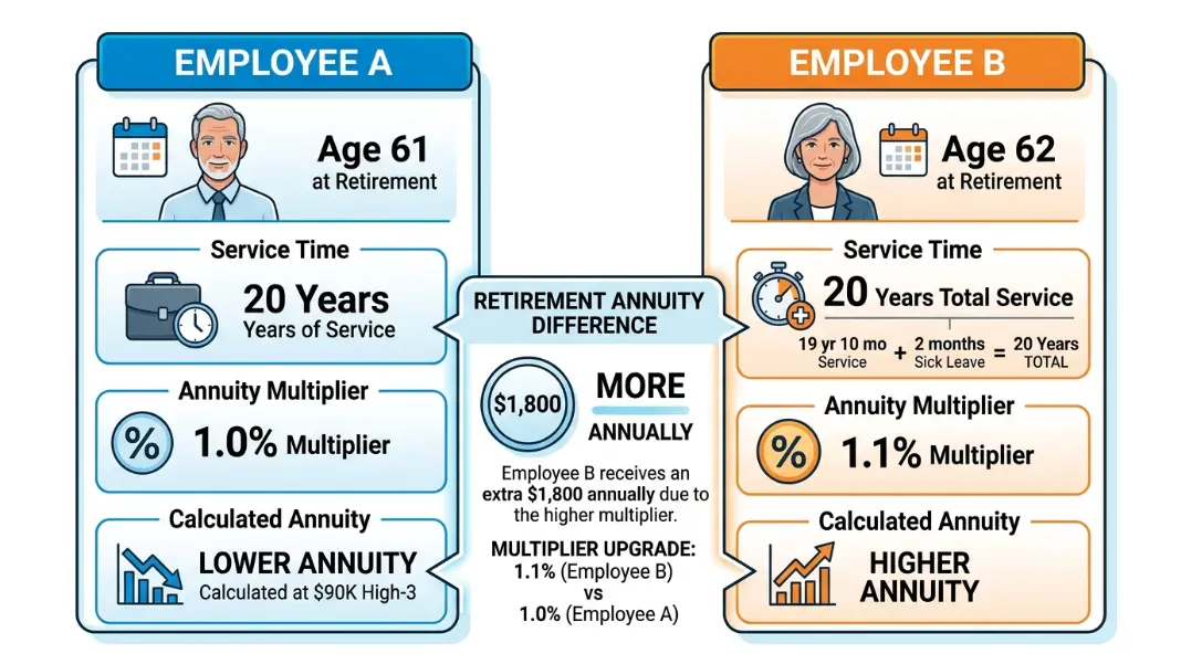 Two-column diagram comparing Employee A retiring at 61 with 20 years at the 1.0% multiplier versus Employee B retiring at 62 with 19 years 10 months plus 2 months sick leave credit qualifying for the 1.1% multiplier, with annuity amounts at a $90,000 High-3 and a callout showing the annual dollar difference