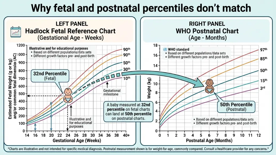 Side-by-side comparison of a fetal EFW percentile chart and a WHO postnatal growth chart showing why prenatal and postnatal percentile readings differ