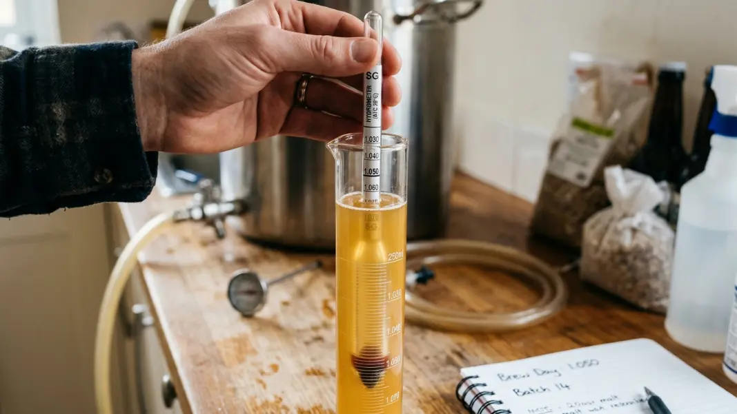 Homebrewer taking hydrometer reading in graduated cylinder filled with golden wort sample