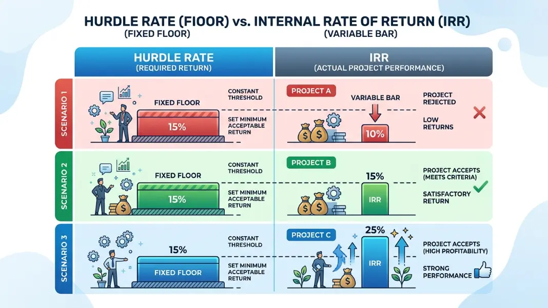 Hurdle rate vs IRR decision framework diagram showing three scenarios: IRR above hurdle rate as accept, at hurdle as break-even, and below hurdle as reject