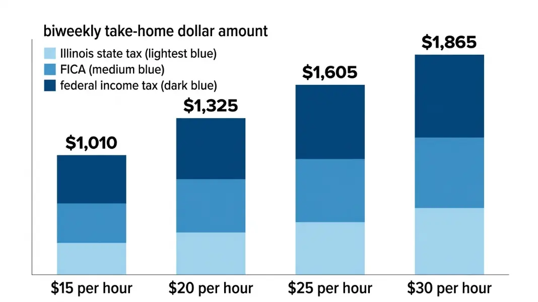 Stacked bar chart comparing total paycheck deductions at $15, $20, $25, and $30 per hour in Illinois with Illinois state tax, federal income tax, and FICA shown as separate color segments and biweekly take-home labeled above each bar