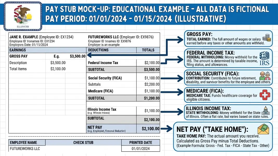 Annotated Illinois hourly pay stub diagram with each line item labeled including gross pay with regular and overtime breakout, federal withholding, Social Security, Medicare, Illinois state tax, and net pay with callouts explaining what drives each amount
