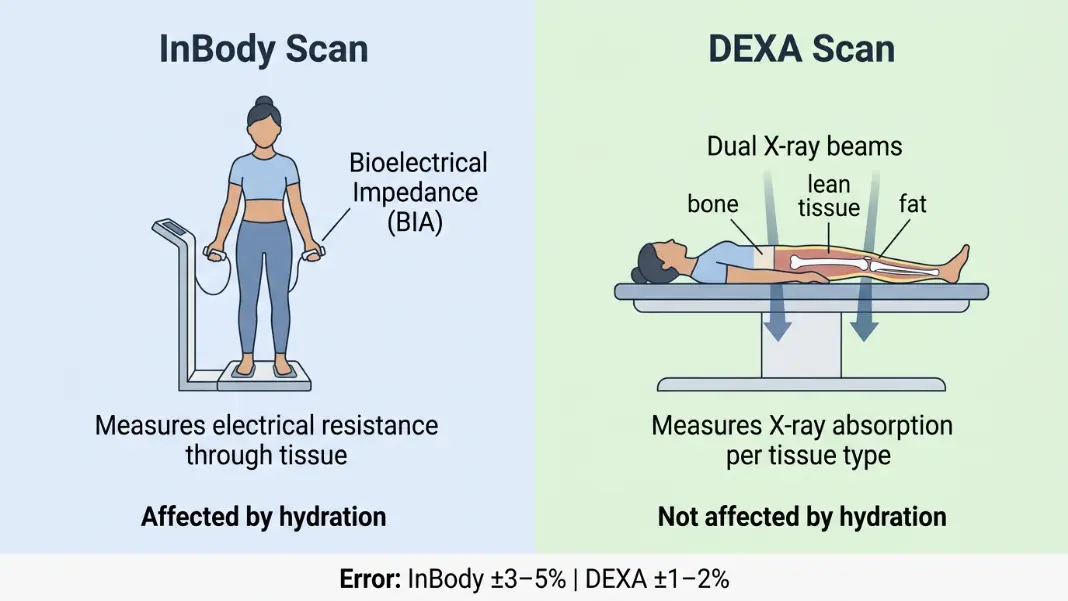 Grouped bar chart comparing InBody versus DEXA body fat measurement error across four conditions: controlled, normal gym use, post-exercise, and obese population, showing DEXA error consistently low while InBody error widens under real-world conditions