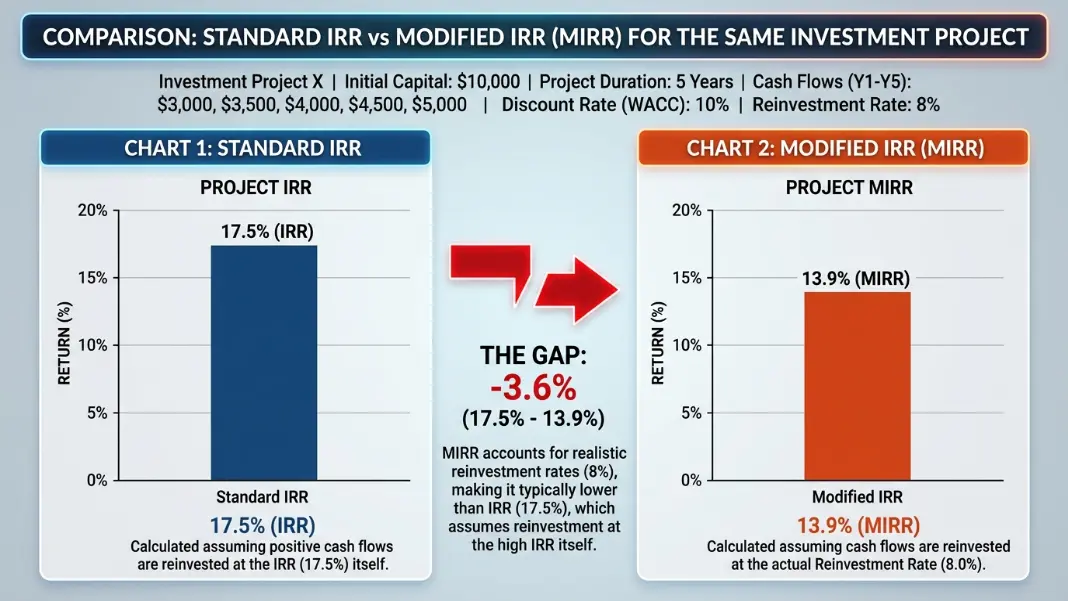 IRR vs MIRR comparison chart showing how the reinvestment rate assumption affects internal rate of return results
