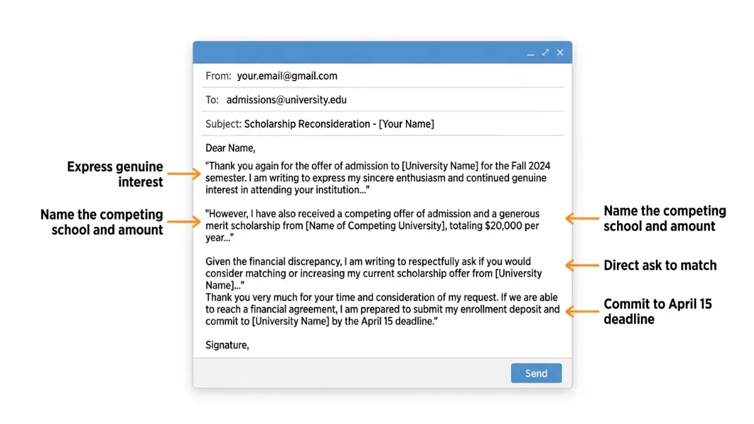 Annotated scholarship negotiation email diagram with callout arrows labeling the interest opener, competing offer details, specific ask, and deadline commitment