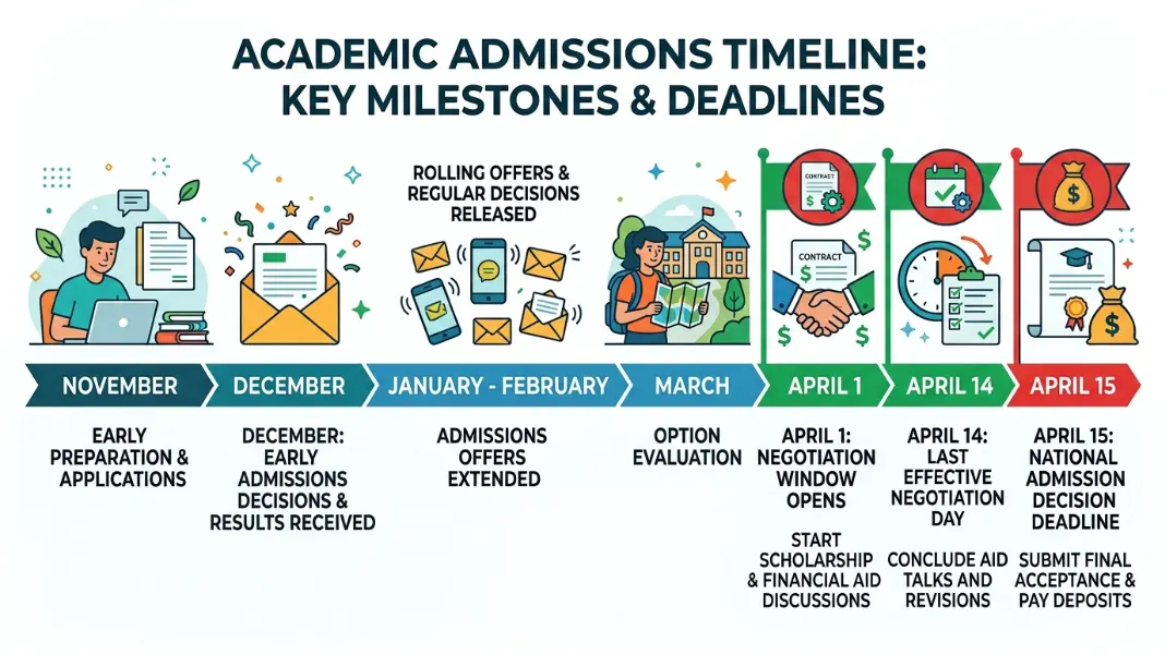 Law school scholarship negotiation timeline showing the optimal window between April 1 and April 14 with key admissions milestones labeled