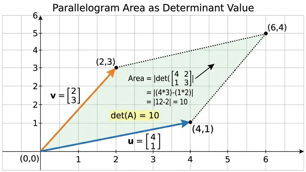 Matrix determinant geometric meaning diagram showing parallelogram area formed by two column vectors on a coordinate grid