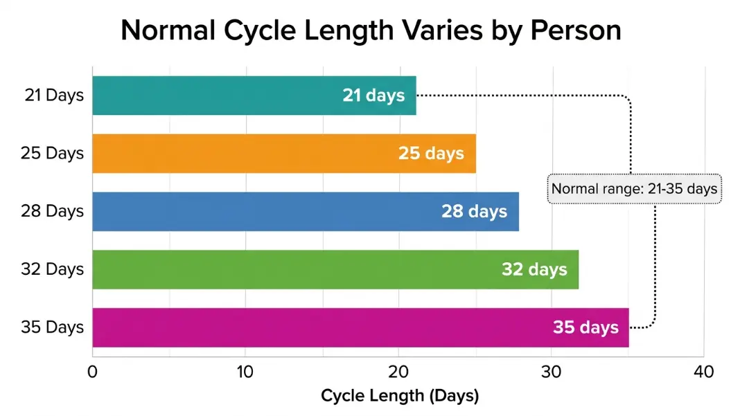 Menstrual cycle length chart showing normal range of 21 to 35 days across different people
