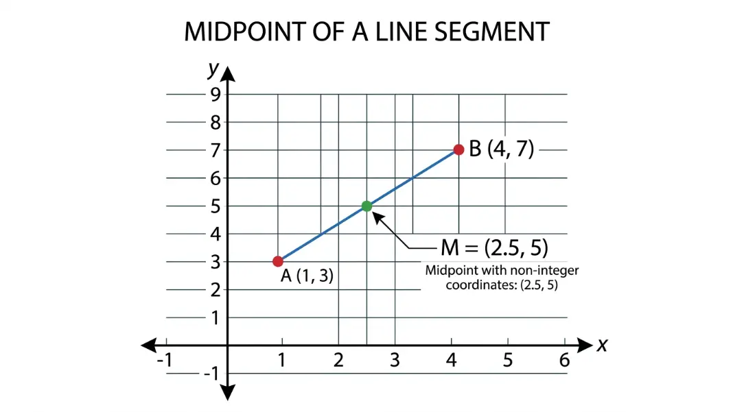 Coordinate plane showing points A(1,3) and B(4,7) with midpoint plotted at the non-integer position (2.5, 5) between grid lines, labeled to show midpoints can be decimal values