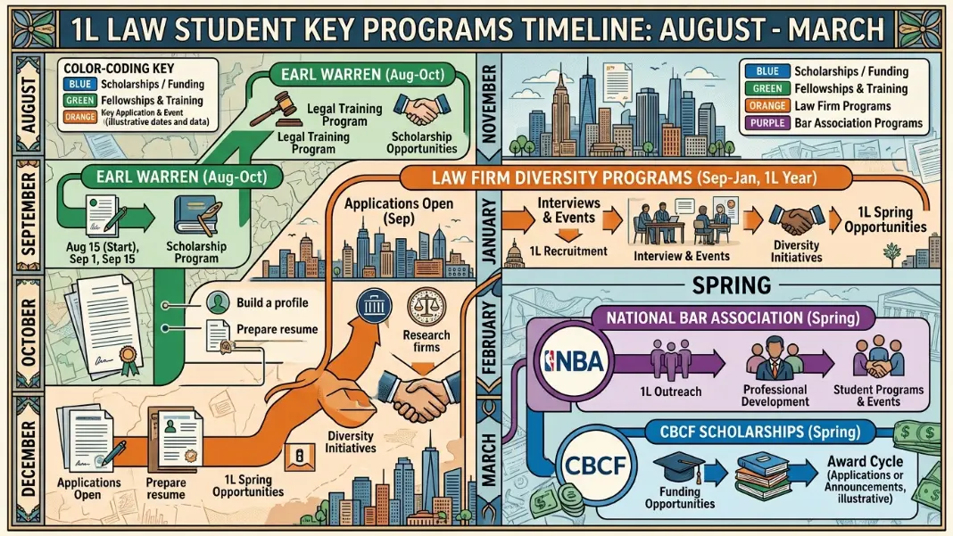 Vertical calendar timeline showing minority law school scholarship deadlines from August through March with key programs labeled by month