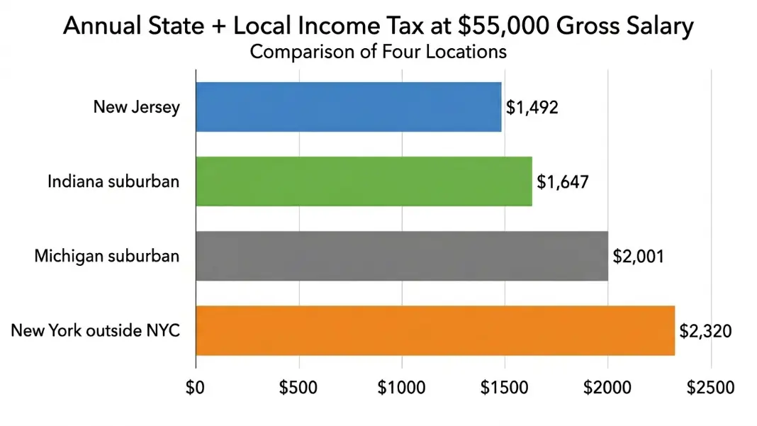 Annual state income tax comparison at $55,000 salary for New York New Jersey Indiana and Michigan