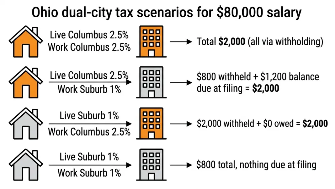 Ohio dual-city income tax scenarios showing resident credit impact at $80,000 salary for Columbus and suburb combinations