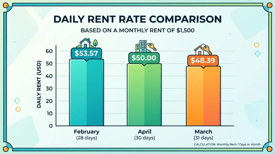 Bar chart comparing daily rent rates across February, April, and March for a $1,500 monthly lease