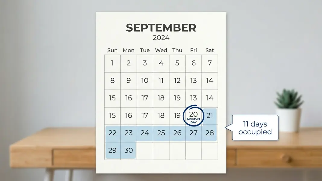 September calendar showing move-in on the 20th with days 20-30 highlighted for prorated rent calculation