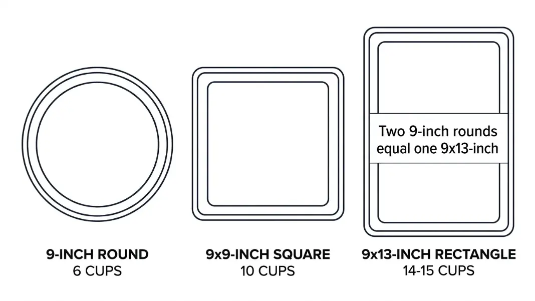 Three baking pans shown side by side: 9-inch round labeled 6 cups, 9x9-inch square labeled 10 cups, and 9x13-inch rectangle labeled 14-15 cups, with a callout showing two 9-inch rounds equal one 9x13-inch in batter volume
