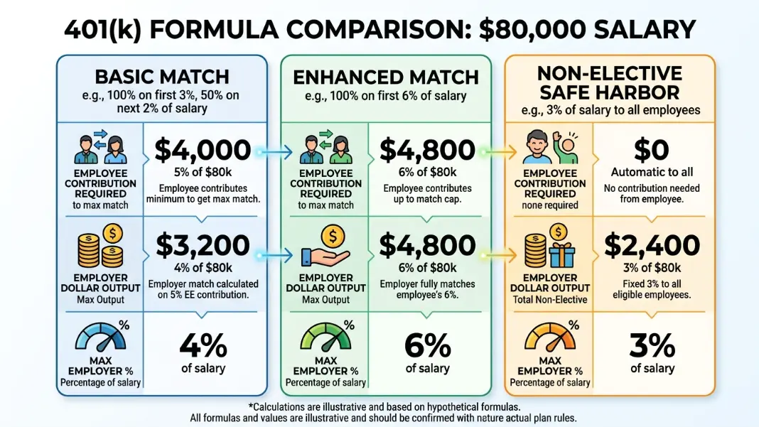 Three-column comparison of basic match, enhanced match, and non-elective safe harbor formulas at $80,000 salary showing employer dollar output for each