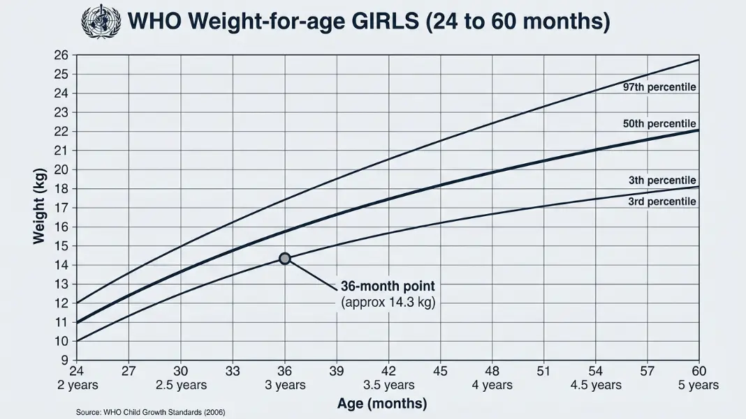 WHO weight-for-age growth chart for girls ages 24 to 60 months showing the 3rd, 50th, and 97th percentile curves with the 36-month point marked