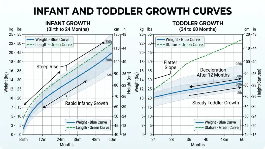Side-by-side comparison of infant and toddler growth curves from birth to 60 months showing the distinct deceleration after 12 months and the further flattening after 24 months
