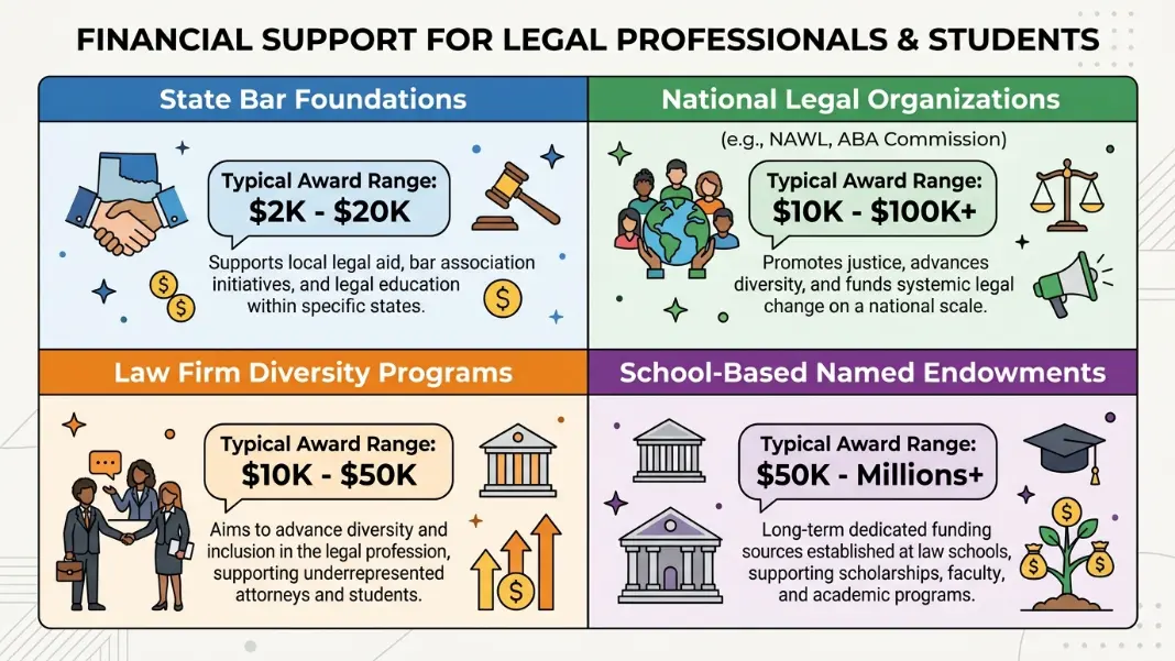Four-quadrant infographic showing types of law school scholarships for women including state bar foundations, national legal organizations, law firm diversity programs, and school-based named endowments